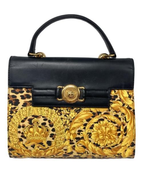 GIANNI VERSACE（ジャンニ・ヴェルサーチ）GIANNI VERSACE (ジャンニ・ヴェルサーチ) 太陽神 レオパード＆バロック柄ハンドバッグ イエロー×ブラックの古着・服飾アイテム