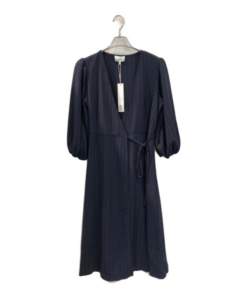 GANNI（ガニー）GANNI (ガニー) ストライプ カシュクールワンピース ネイビー サイズ:36の古着・服飾アイテム