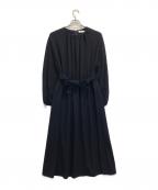 ebureエブール）の古着「ウールジャージーバルーンスリーブ ギャザーロングワンピース」｜ネイビー