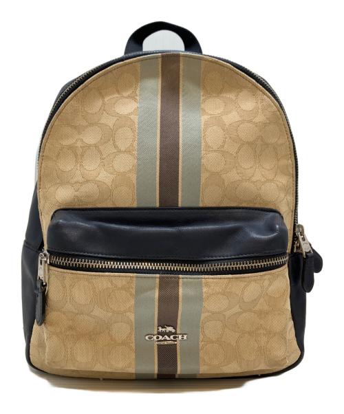 COACH（コーチ）COACH (コーチ) シグネチャー ジャガード ストライプ バックパック ネイビー×ベージュの古着・服飾アイテム