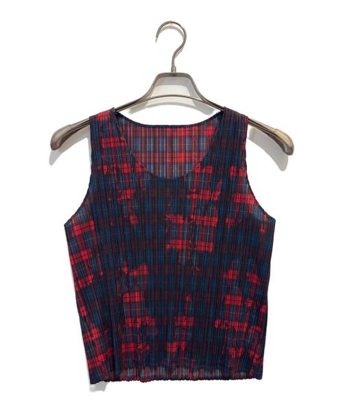 PLEATS PLEASE（プリーツプリーズ）PLEATS PLEASE (プリーツプリーズ) ノースリーブプリーツカットソー レッド×グリーン サイズ:3の古着・服飾アイテム