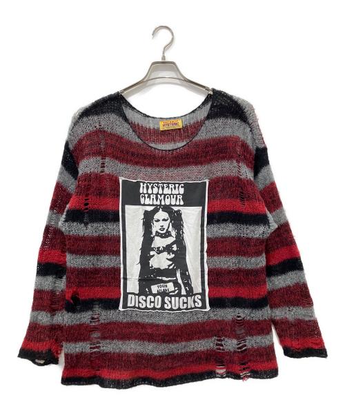 Hysteric Glamour（ヒステリックグラマー）Hysteric Glamour (ヒステリックグラマー) DISCO SUCKSクラッシュ オーバーサイズセーター グレー×レッド サイズ:Freeの古着・服飾アイテム