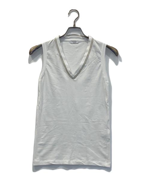 BRUNELLO CUCINELLI（ブルネロクチネリ）BRUNELLO CUCINELLI (ブルネロクチネリ) チェーン装飾Vネックカットソー ホワイト サイズ:XSの古着・服飾アイテム