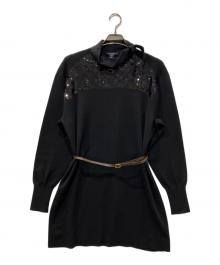 LOUIS VUITTON（ルイ ヴィトン）の古着「モノグラムスパンコール カシミヤ/シルク混 ベルト付 ニットワンピース」｜ブラック