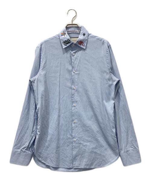 GUCCI（グッチ）GUCCI (グッチ) シンボルズネック スネーク刺繍シャツ ブルー サイズ:39/15 1/2(M~Lサイズ相当)の古着・服飾アイテム