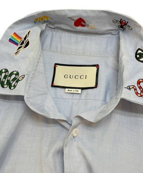 GUCCI（グッチ）GUCCI (グッチ) シンボルズネック スネーク刺繍シャツ ブルー サイズ:39/15 1/2(M~Lサイズ相当)の古着・服飾アイテム