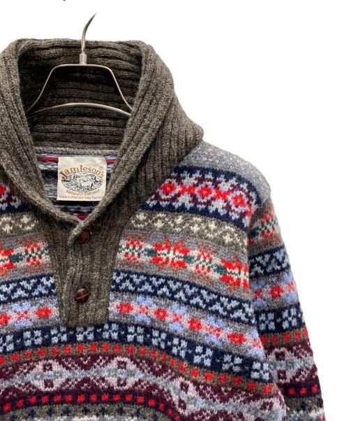 Jamieson's（ジャミーソンズ）Jamieson's (ジャミーソンズ) 総柄ショールカラーニット ブラウン サイズ:Sの古着・服飾アイテム