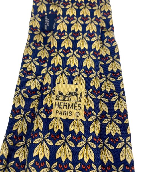 HERMES（エルメス）HERMES (エルメス) フクロウ柄シルクネクタイ イエロー×ネイビー サイズ:-の古着・服飾アイテム