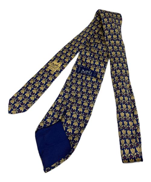 HERMES（エルメス）HERMES (エルメス) フクロウ柄シルクネクタイ イエロー×ネイビー サイズ:-の古着・服飾アイテム