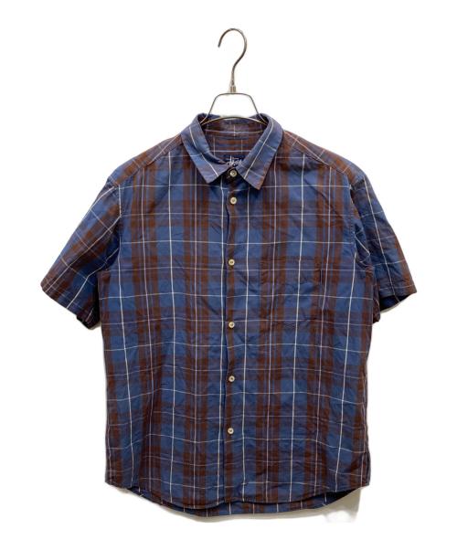 stussy（ステューシー）stussy (ステューシー) 半袖チェックシャツ ネイビー サイズ:Lの古着・服飾アイテム