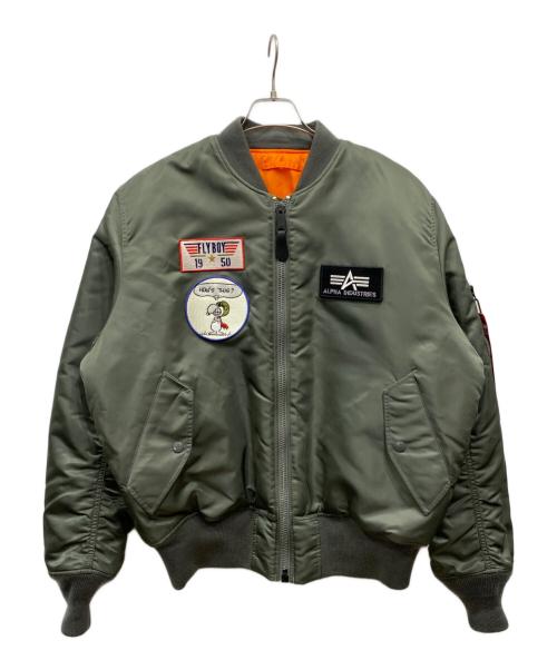 ALPHA（アルファ）ALPHA (アルファ) PEANUTS (ピーナッツ) ワッペン付き MA-1 ジャケット グリーン サイズ:Ｌの古着・服飾アイテム