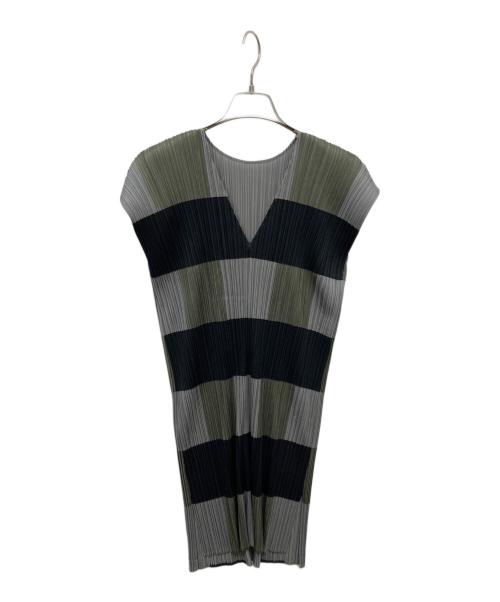 PLEATS PLEASE（プリーツプリーズ）PLEATS PLEASE (プリーツプリーズ) ノースリーブボーダープリーツワンピース グレー サイズ:Lの古着・服飾アイテム