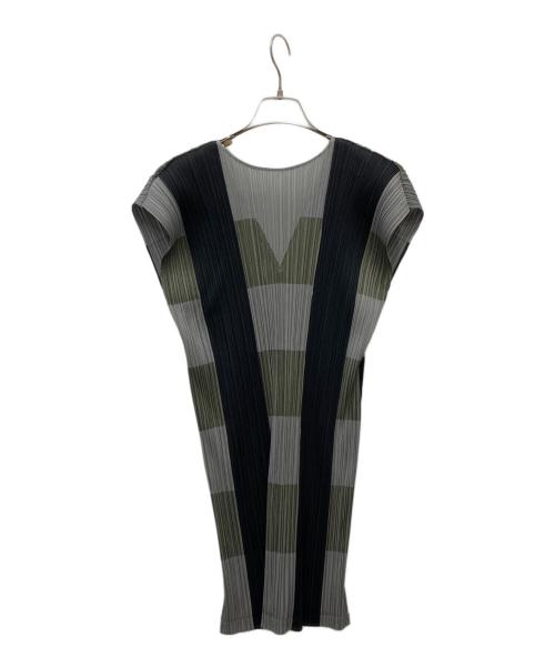 PLEATS PLEASE（プリーツプリーズ）PLEATS PLEASE (プリーツプリーズ) ノースリーブボーダープリーツワンピース グレー サイズ:Lの古着・服飾アイテム