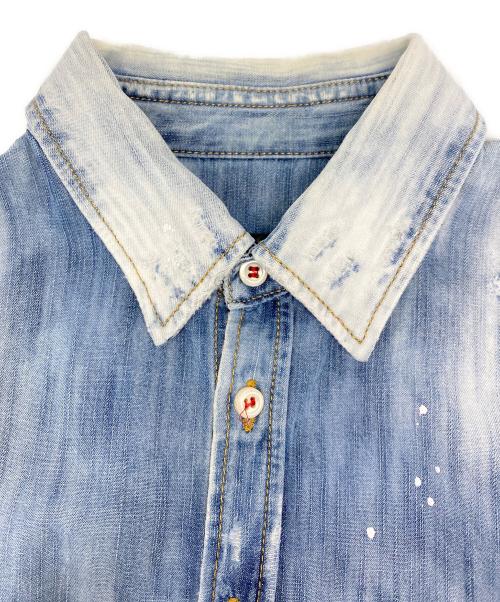 DSQUARED2（ディースクエアード）DSQUARED2 (ディースクエアード) Distressed Cotton Denim Long Sleeve Shirt ブルー サイズ:42の古着・服飾アイテム