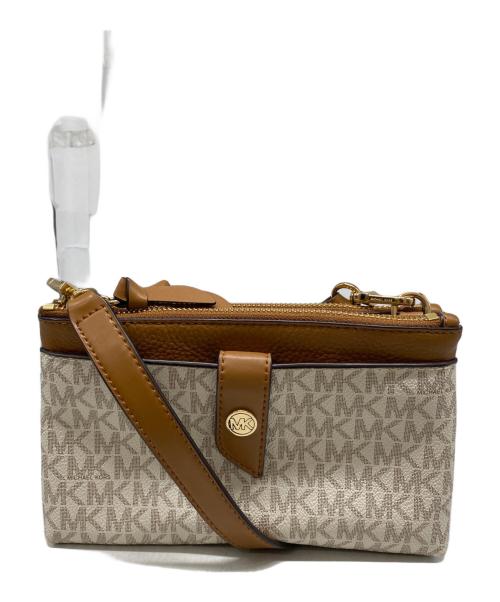 MICHAEL KORS（マイケルコース）MICHAEL KORS (マイケルコース) チャームメディアム ロゴダブルジップクロスボディバッグ ホワイト×ブラウンの古着・服飾アイテム