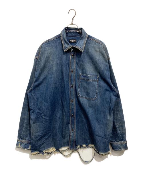 BALENCIAGA（バレンシアガ）BALENCIAGA (バレンシアガ) 21SS クラッシュ加工オーバーサイズデニム長袖シャツ インディゴ サイズ:XSの古着・服飾アイテム