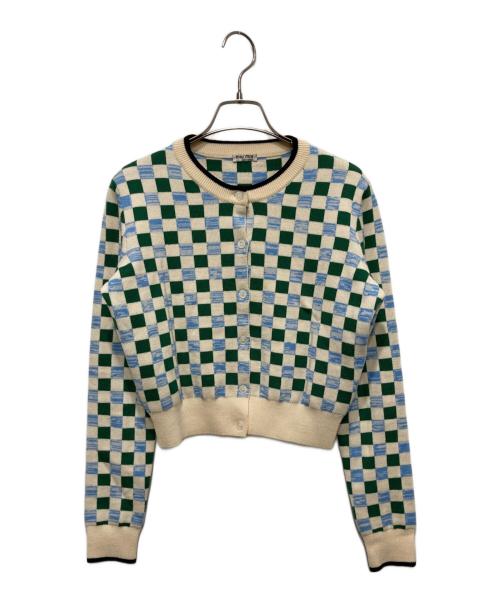 MIU MIU（ミュウミュウ）MIU MIU (ミュウミュウ) ブロックチェックカーディガン グリーン×ホワイト サイズ:40の古着・服飾アイテム