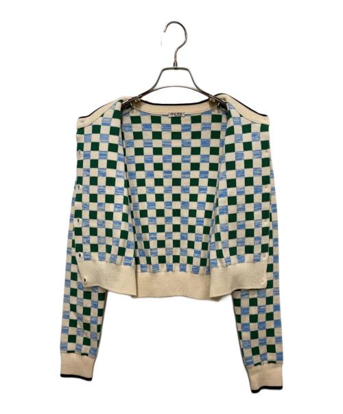 MIU MIU（ミュウミュウ）MIU MIU (ミュウミュウ) ブロックチェックカーディガン グリーン×ホワイト サイズ:40の古着・服飾アイテム