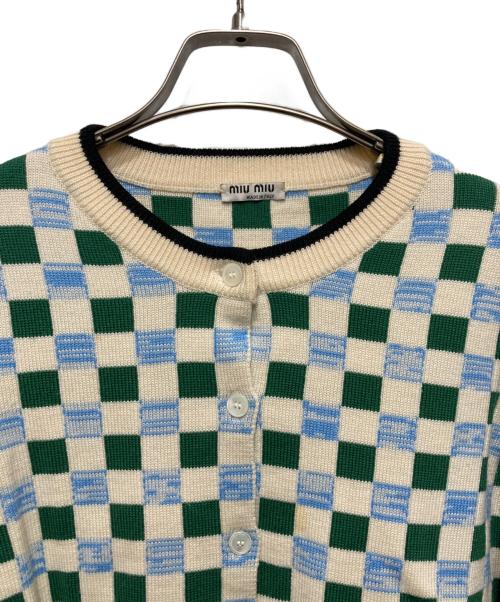 MIU MIU（ミュウミュウ）MIU MIU (ミュウミュウ) ブロックチェックカーディガン グリーン×ホワイト サイズ:40の古着・服飾アイテム