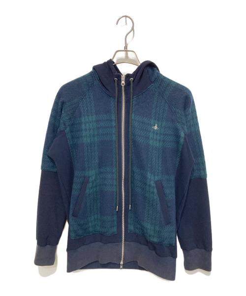 Vivienne Westwood（ヴィヴィアンウエストウッド）Vivienne Westwood (ヴィヴィアンウエストウッド) オーブ刺繍ジップパーカー ネイビー×グリーン サイズ:44の古着・服飾アイテム