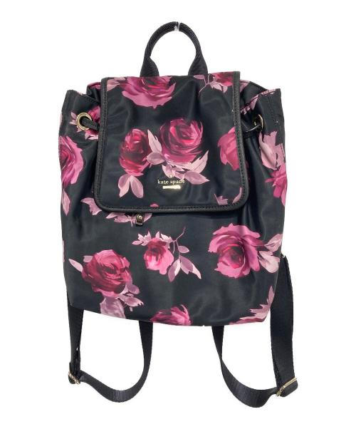 Kate Spade（ケイトスペード）Kate Spade (ケイトスペード) フラワープリントバックパック ブラック×ピンクの古着・服飾アイテム