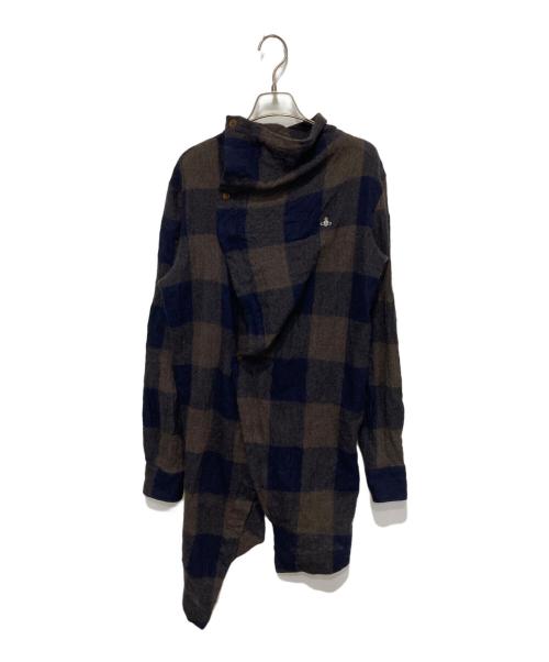 Vivienne Westwood man（ヴィヴィアン ウェストウッド マン）Vivienne Westwood man (ヴィヴィアン ウェストウッド マン) 変形ウールチェックロングシャツ ネイビー×ブラウン サイズ:48の古着・服飾アイテム