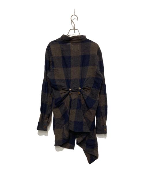 Vivienne Westwood man（ヴィヴィアン ウェストウッド マン）Vivienne Westwood man (ヴィヴィアン ウェストウッド マン) 変形ウールチェックロングシャツ ネイビー×ブラウン サイズ:48の古着・服飾アイテム