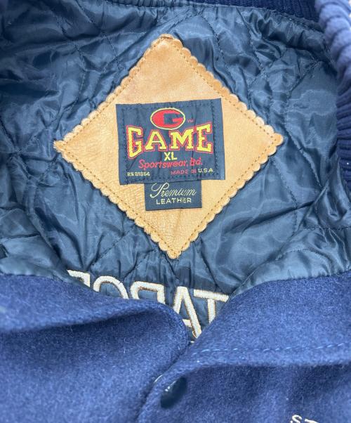 GAME SPORTSWEAR（ゲームスポーツウェア）GAME SPORTSWEAR (ゲームスポーツウェア) 90's袖レザースタジャン ネイビー×ブラウン サイズ:XLの古着・服飾アイテム