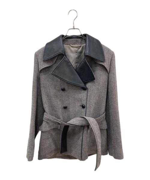 Maison Martin Margiela（メゾンマルタンマルジェラ）Maison Martin Margiela (メゾンマルタンマルジェラ) ラムレザー切替 ウールヘリンボーンPコート グレー サイズ:42の古着・服飾アイテム