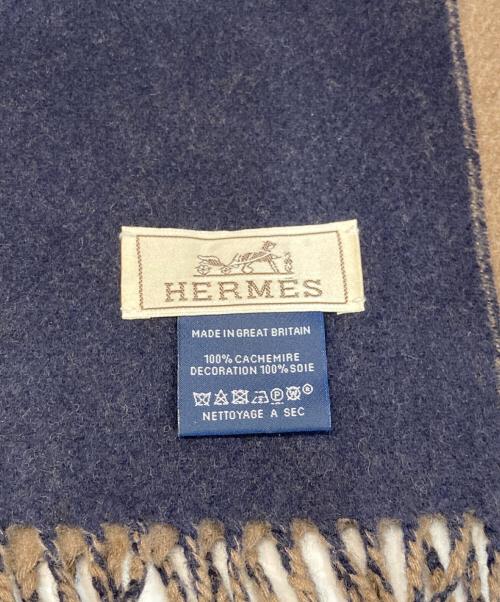 HERMES（エルメス）HERMES (エルメス) ラッキー カシミヤマフラー ネイビー×ベージュの古着・服飾アイテム