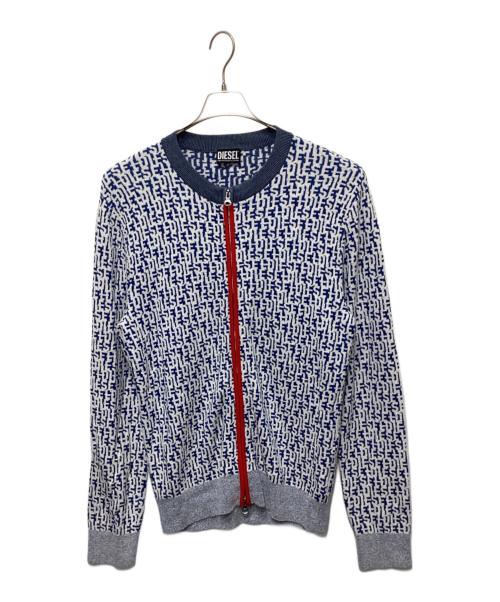 DIESEL（ディーゼル）DIESEL (ディーゼル) ロゴ総柄ジップアップニットカーディガン ブルー サイズ:Lの古着・服飾アイテム