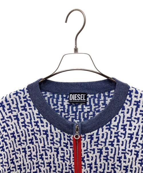 DIESEL（ディーゼル）DIESEL (ディーゼル) ロゴ総柄ジップアップニットカーディガン ブルー サイズ:Lの古着・服飾アイテム