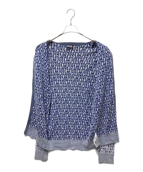 DIESEL（ディーゼル）DIESEL (ディーゼル) ロゴ総柄ジップアップニットカーディガン ブルー サイズ:Lの古着・服飾アイテム
