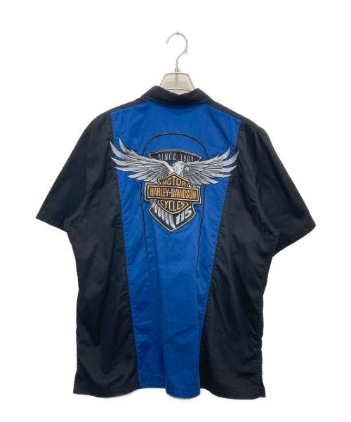 HARLEY-DAVIDSON（ハーレーダビッドソン）HARLEY-DAVIDSON (ハーレーダビッドソン) 半袖ワークシャツ ブラック×ブルー サイズ:XLの古着・服飾アイテム