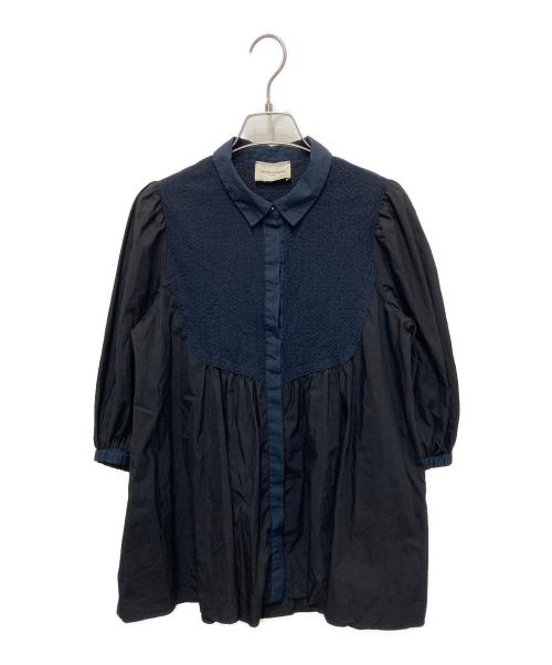 UNITED ARROWS（ユナイテッドアローズ）UNITED ARROWS (ユナイテッドアローズ) エンブロイダリー ショートスリーブ ブラウス ブラック×ネイビー サイズ:FREEの古着・服飾アイテム
