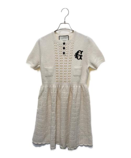 GUCCI（グッチ）GUCCI (グッチ) Gロゴ刺繍半袖ウールニットワンピース アイボリー サイズ:Ⅿの古着・服飾アイテム