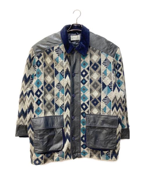 bizzarro（ビザロ）bizzarro (ビザロ) レザー切替モヘア混ウールニットジャケット グレー サイズ:58の古着・服飾アイテム