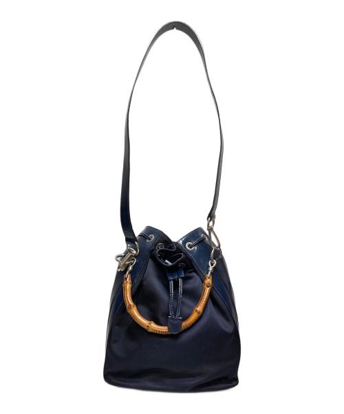 GUCCI（グッチ）GUCCI (グッチ) バンブーハンドル巾着ショルダーバッグ ネイビーの古着・服飾アイテム