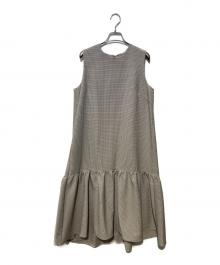 BARNEYS NEWYORK（バーニーズ・ニューヨーク）の古着「千鳥格子ノースリーブフレアワンピース」｜ベージュ