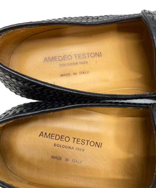 AMEDEO TESTONI（アメデオテストーニ）amedeo testoni (アメデオテストーニ) 編み込みレザースリッポン ブラック サイズ:7の古着・服飾アイテム