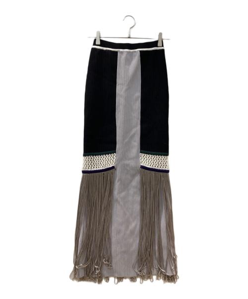 UN3D.（アンスリード）UN3D. (アンスリード) メッシュフリンジニットスカート ブラック サイズ:38の古着・服飾アイテム