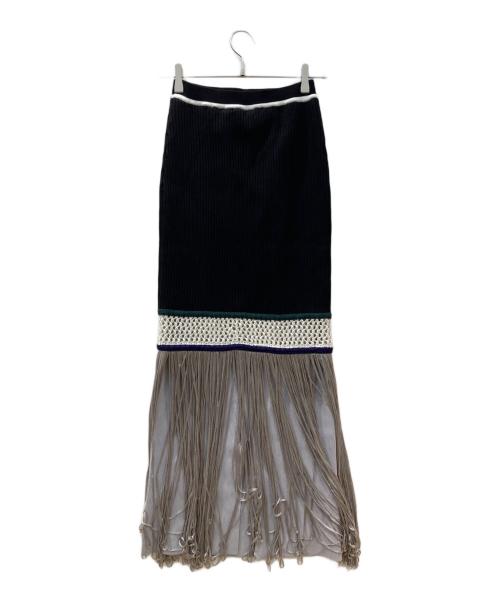 UN3D.（アンスリード）UN3D. (アンスリード) メッシュフリンジニットスカート ブラック サイズ:38の古着・服飾アイテム