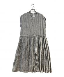 maison de soil（メゾンドソイル）の古着「80s パワールームリネンランダムストライプフレンチスリーブワンピース」｜グレー
