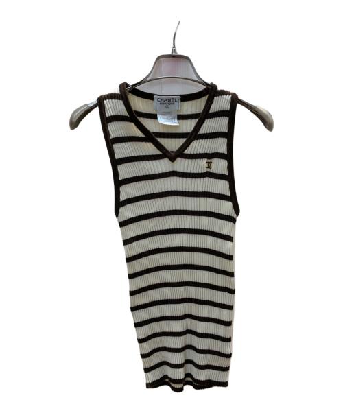 CHANEL（シャネル）CHANEL (シャネル) リブニットボーダーワンピース アイボリー×ブラウン サイズ:44の古着・服飾アイテム