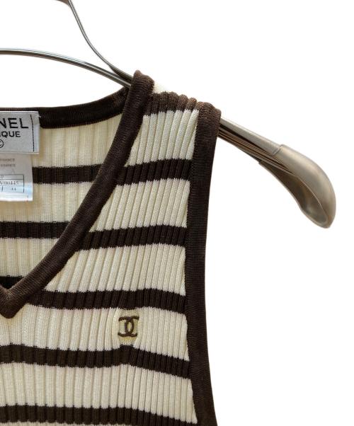 CHANEL（シャネル）CHANEL (シャネル) リブニットボーダーワンピース アイボリー×ブラウン サイズ:44の古着・服飾アイテム