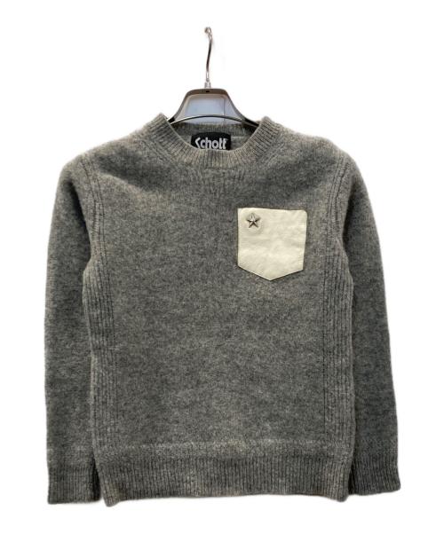 Schott（ショット）Schott (ショット) ワンスター レザー ポケット クルーネック セーター グレー サイズ:Sの古着・服飾アイテム