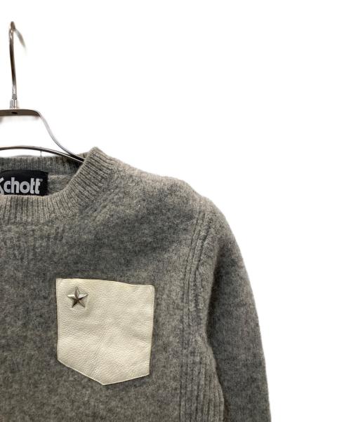 Schott（ショット）Schott (ショット) ワンスター レザー ポケット クルーネック セーター グレー サイズ:Sの古着・服飾アイテム
