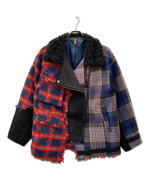 AULA AILA（アウラアイラ）AULA AILA (アウラアイラ) CHECK COMBINATION BLOUSON チェックコンビネーションブルゾン ブルー×ブラックの古着・服飾アイテム