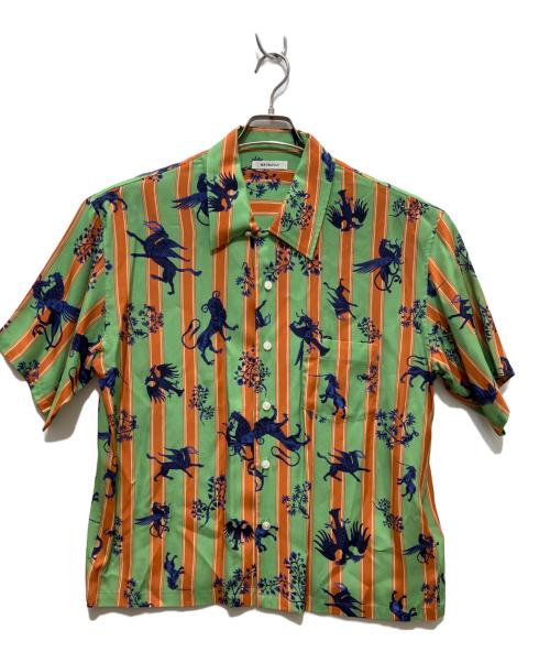 MATSUFUJI（マツフジ）MATSUFUJI (マツフジ) RARE THINGS PRINT OPEN COLLAR SHIRT グリーン×オレンジ サイズ:Lの古着・服飾アイテム