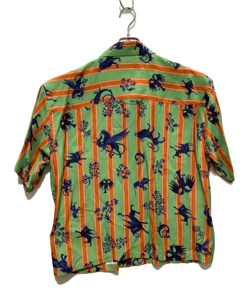 MATSUFUJI（マツフジ）MATSUFUJI (マツフジ) RARE THINGS PRINT OPEN COLLAR SHIRT グリーン×オレンジ サイズ:Lの古着・服飾アイテム